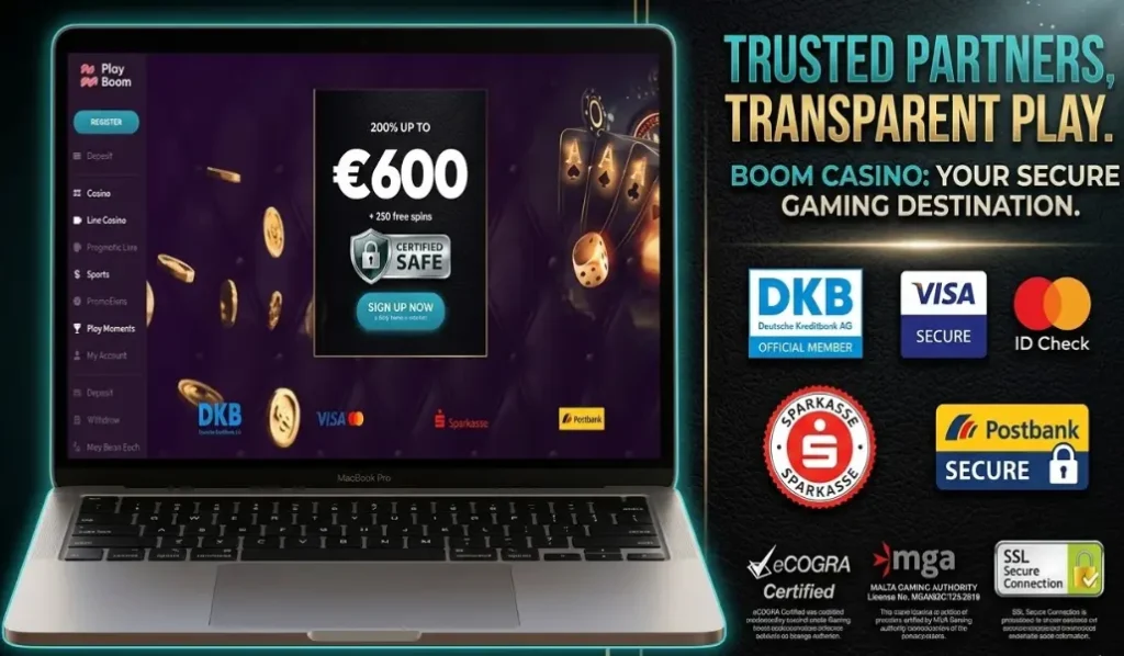 Ein Werbebanner mit einem Laptop und verschiedenen Sicherheitssiegeln wie MGA und eCOGRA im Kontext von Vertrauen und Transparenz, um die Seriosität und Sicherheit des Boom Casinos für deutsche Spieler zu unterstreichen.