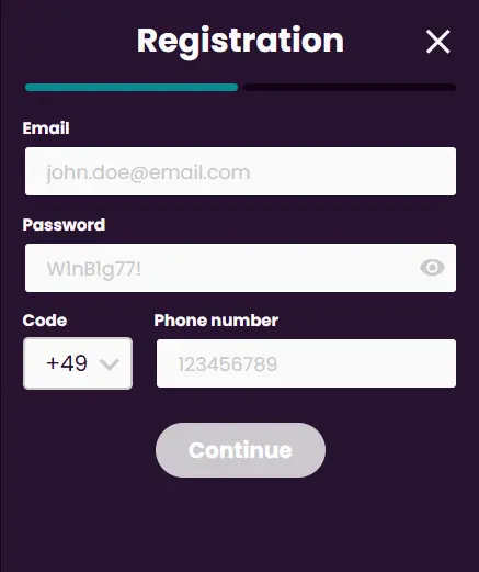 Ein Registrierungsformular mit Feldern für E-Mail, Passwort und Telefonnummer im Kontext der Kontoerstellung, um den einfachen und schnellen Anmeldeprozess für neue Spieler zu demonstrieren.