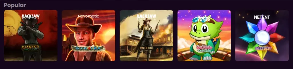 Eine Auswahl beliebter Slot-Spiele wie Wanted Dead or a Wild und Starburst im Bereich 'Popular' der Boom Casino Webseite, um die Vielfalt und Qualität des Spielangebots für Nutzer hervorzuheben.