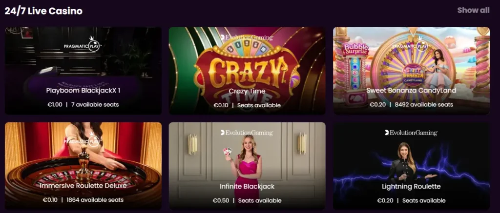 Eine Übersicht verschiedener Live-Casino-Spiele wie Roulette und Blackjack im Bereich des 24/7 Live Casinos, um die Verfügbarkeit von Echtzeit-Tischen und professionellen Dealern für die Nutzer zu zeigen.