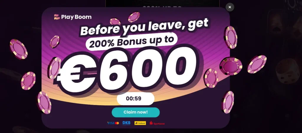 Ein Pop-up-Banner mit einem 200 % Willkommensbonus bis zu 600 Euro im Kontext von zeitlich begrenzten Werbeaktionen, um die Aufmerksamkeit der Nutzer zu gewinnen und zur Anmeldung im Boom Casino zu motivieren.