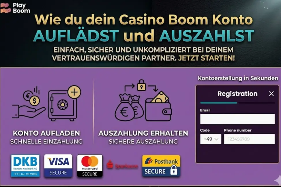 Ein strukturierter Informationsbanner zu Ein- und Auszahlungen bei Casino Boom, der Symbole für Zahlungen, Partner-Logos und ein Registrierungsformular enthält, um Nutzern die sichere und schnelle Abwicklung ihrer Finanzen zu erklären.