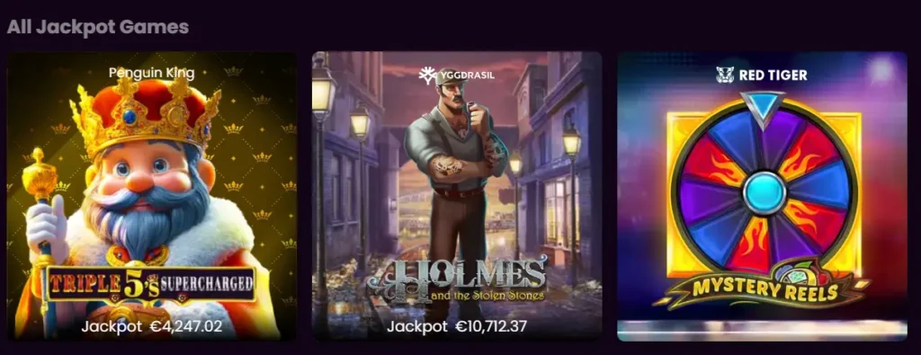 Eine Auswahl von Jackpot-Spielen wie Triple 5's Supercharged und Holmes and the Stolen Stones im Bereich 'All Jackpot Games', die die aktuellen Gewinnsummen und die Vielfalt an progressiven Slots auf der Plattform aufzeigen.