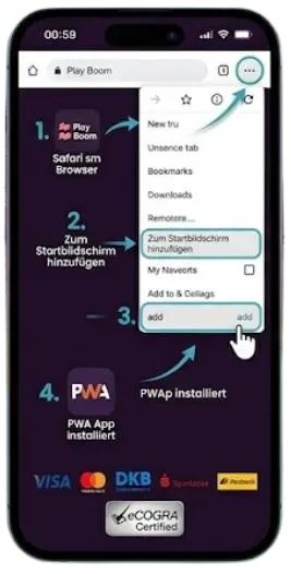 A step-by-step guide shown on a smartphone for installing the "Play Boom" Progressive Web App (PWA), indicating how to add it to the home screen. This image provides visual instructions to help users correctly set up the PWA, ensuring a seamless experience. The guide walks users through accessing the browser menu and selecting the standard option to add the web page as an app on their device.