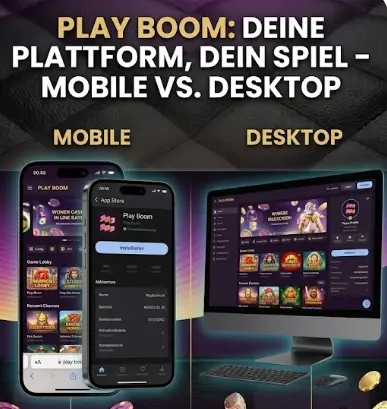 Zwei Smartphones und ein Desktop-Computer mit der Play Boom-Oberfläche, um die mobile und Desktop-Plattform im direkten Vergleich darzustellen.