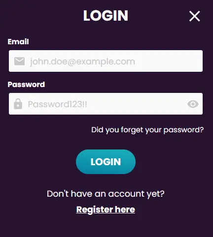 Ein Login-Formular mit Eingabefeldern für E-Mail und Passwort im Kontext des Benutzerzugangs, um bestehenden Spielern die Anmeldung in ihr Konto zu ermöglichen.