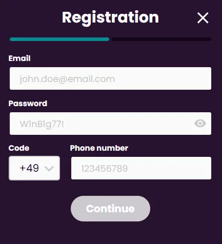 Ein Registrierungsformular mit Feldern für E-Mail, Passwort und Telefonnummer im Kontext der Kontoerstellung, um Neukunden durch den Anmeldeprozess zu führen.