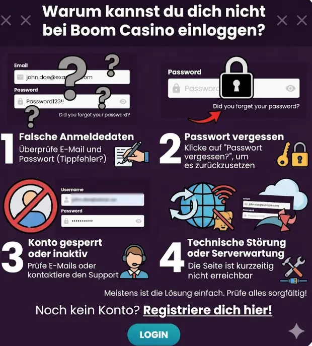 Ein Infografik-Banner, das vier häufige Gründe für Login-Probleme bei Play Boom (falsche Daten, vergessenes Passwort, gesperrtes Konto, technische Störungen) im Kontext des Benutzer-Supports darstellt, um Spielern bei der schnellen Problemlösung zu helfen.
