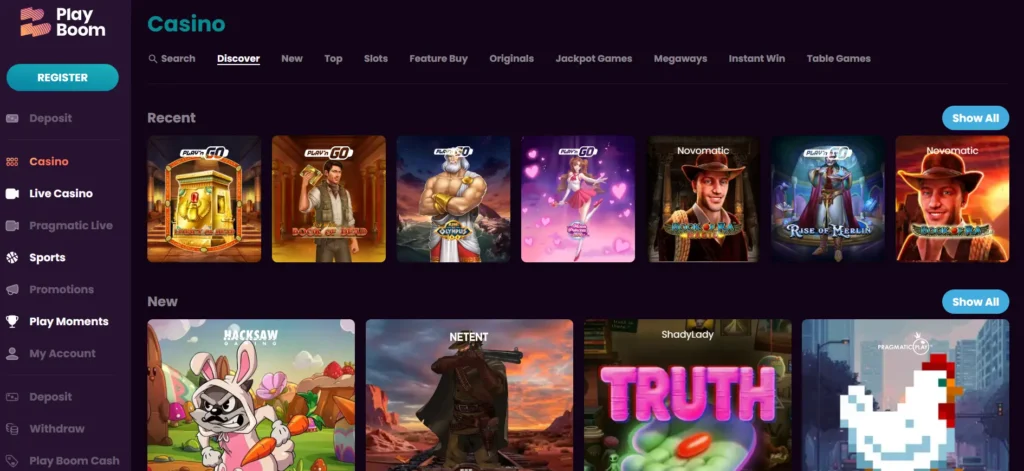 <alt="Ein Screenshot der Play Boom Casino-Lobby mit verschiedenen Spielkategorien wie Slots und Jackpot Games sowie einer Auswahl an populären Titeln im Kontext der Spielnavigation, um die Vielfalt des Spieleangebots und die benutzerfreundliche Filteroberfläche zu demonstrieren.