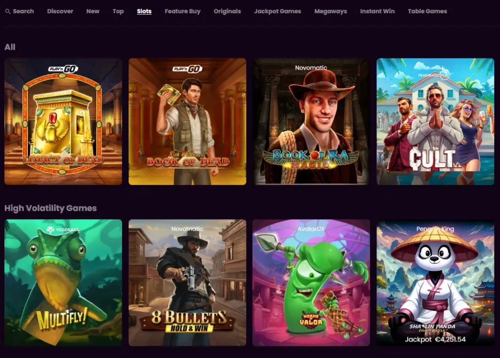 Eine Übersicht verschiedener Spielautomaten in der Play Boom Slot-Kategorie, um die Vielfalt an verfügbaren Titeln und deren Filteroptionen wie 'High Volatility' darzustellen.