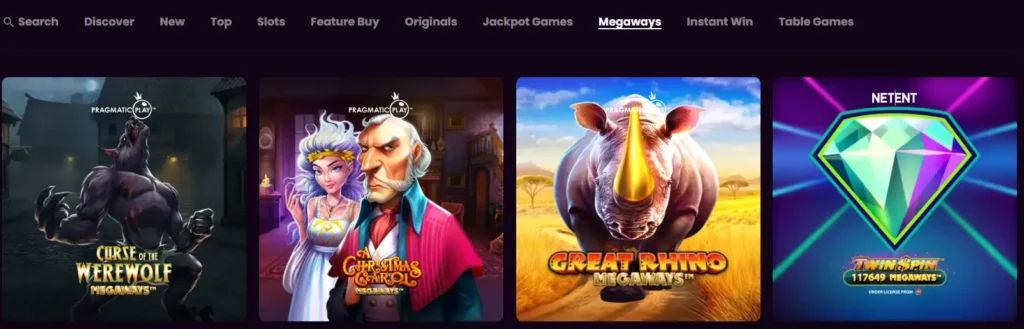 Eine Auswahl an Megaways-Slots wie 'Curse of the Werewolf' und 'Great Rhino' in der Play Boom Spielübersicht, um die Verfügbarkeit dieser speziellen Spielmechanik mit vielen Gewinnwegen zu präsentieren.