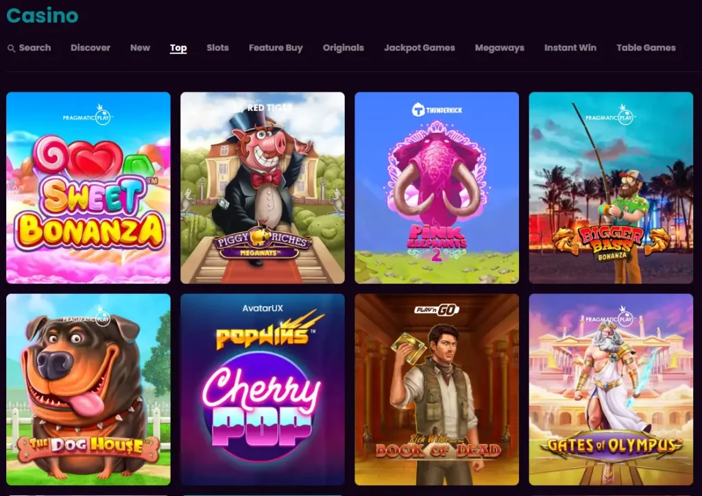 Eine Übersicht der Top-Spiele im Play Boom Casino, um die beliebtesten Slots der Plattform und die einfache Navigation zu präsentieren.