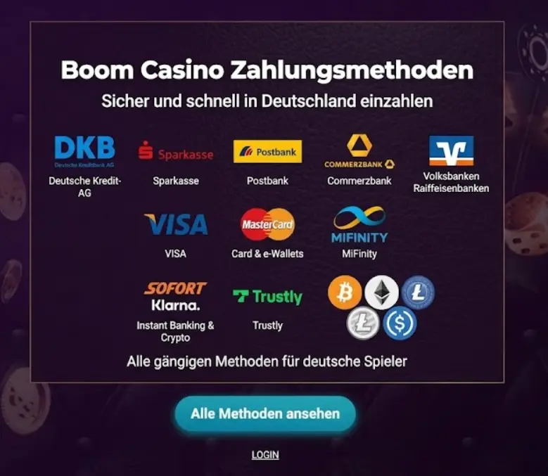 Eine Übersicht der Zahlungsmethoden im Boom Casino für deutsche Spieler, um die Vielfalt und Sicherheit der Transaktionsoptionen zu verdeutlichen.