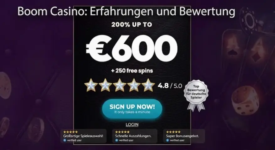 Ein Bewertungsbanner für Boom Casino mit einer 4,8/5-Sterne-Bewertung und dem Willkommensbonus im Kontext von Nutzererfahrungen, um die Vertrauenswürdigkeit und Qualität des Casinos für deutsche Spieler hervorzuheben.