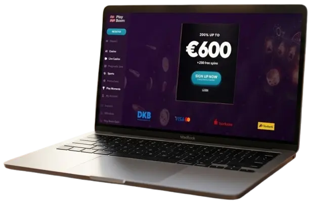 Ein moderner Laptop mit der Boom Casino Webseite auf dem Bildschirm vor schwarzem Hintergrund, der die mobile Erreichbarkeit und das attraktive Bonusangebot der Plattform veranschaulicht.