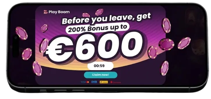 Ein horizontales Smartphone, das ein Bonus-Pop-up von Play Boom über 600 Euro anzeigt, im Kontext von mobilen Werbeaktionen, um die Attraktivität der Bonusangebote für mobile Nutzer zu unterstreichen.