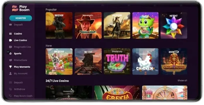 Ein horizontales Smartphone, das die Spielauswahl der Play Boom Webseite inklusive populärer Slots zeigt, um die mobile Benutzeroberfläche und Spielvielfalt im Kontext der mobilen Nutzung darzustellen.