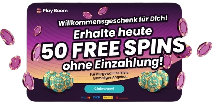 Ein lilafarbener Aktionsbanner mit der Aufschrift '50 Free Spins ohne Einzahlung' und Goldmünzen-Grafiken im Kontext eines Willkommensangebots, um neue Nutzer über die Verfügbarkeit von Freispielen ohne vorherige Aufladung zu informieren.