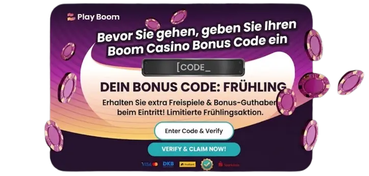 Ein lilafarbener Aktionsbanner mit dem Bonuscode 'FRÜHLING' und fliegenden Pokerchips im Kontext einer zeitlich begrenzten Frühlingsaktion, um Nutzer über die Eingabe von Codes für zusätzliche Freispiele und Bonusguthaben zu informieren.